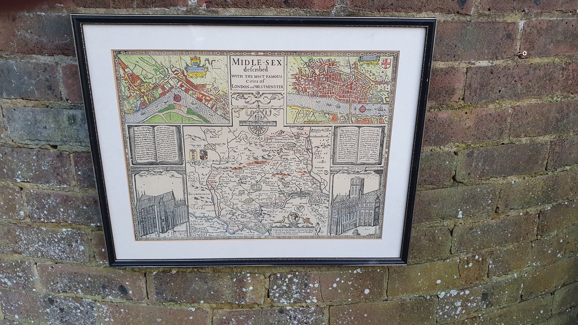 Large Vintage Historical Map Middlesex Colour Print London John Speed Norden Engraving 17th Century Framed 52 x 42 cm