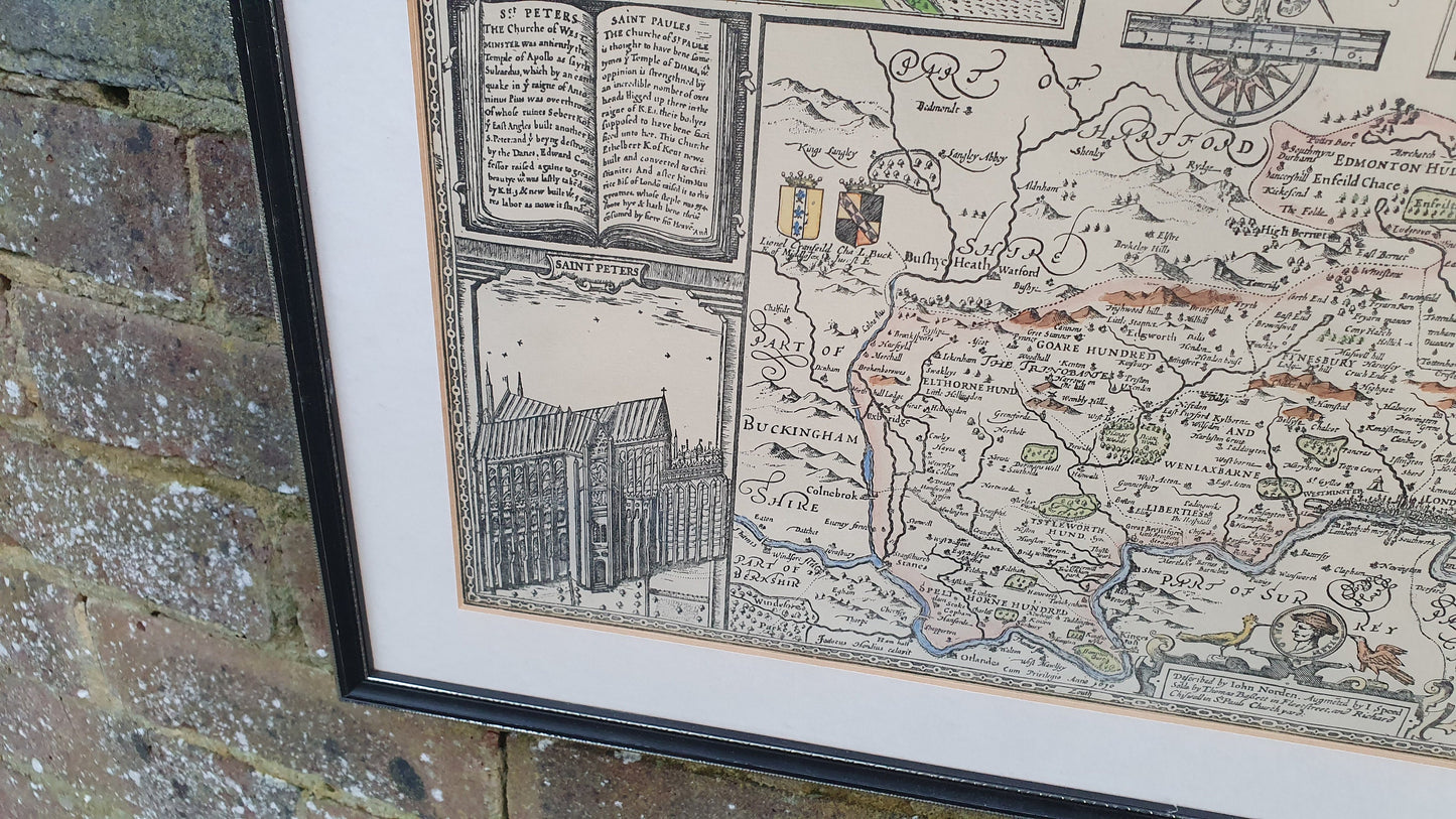 Large Vintage Historical Map Middlesex Colour Print London John Speed Norden Engraving 17th Century Framed 52 x 42 cm