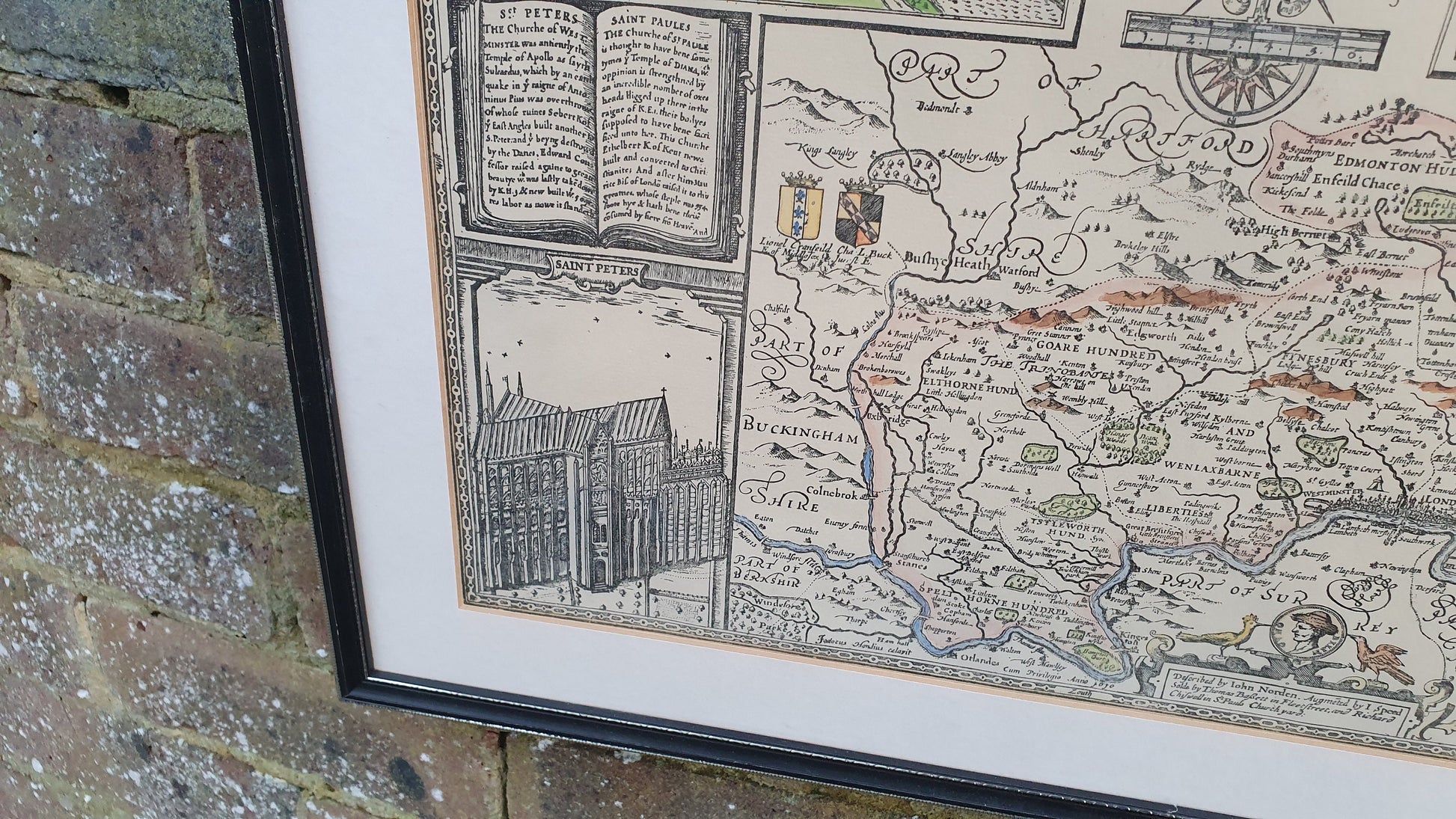 Large Vintage Historical Map Middlesex Colour Print London John Speed Norden Engraving 17th Century Framed 52 x 42 cm