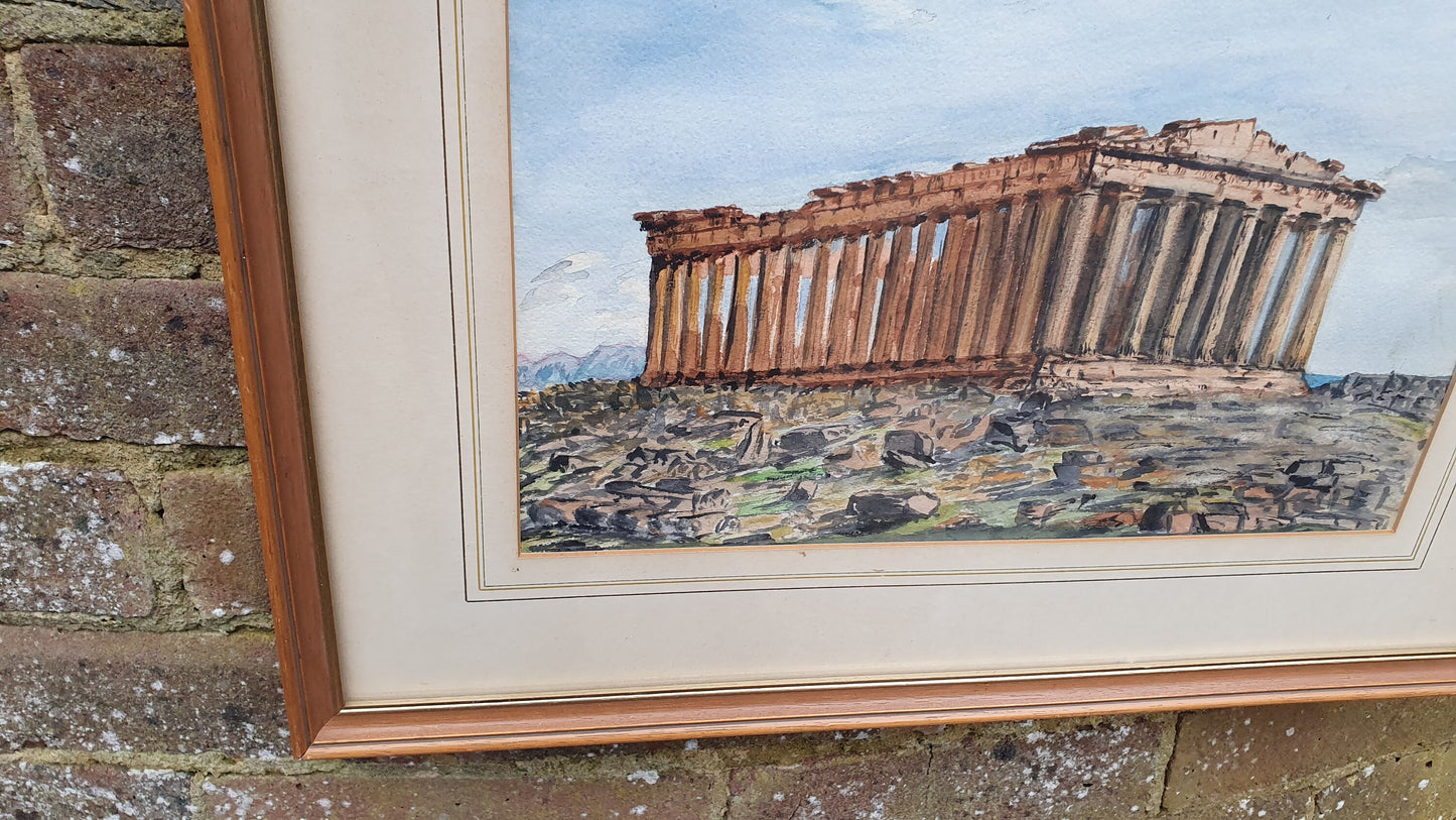 Large Parthenon Temple, Acropolis Athens Greece Original Vintage Watercolour Artwork Framed 52 x 42 cm