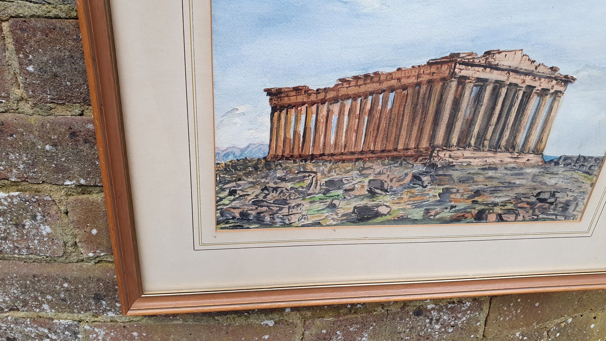 Large Parthenon Temple, Acropolis Athens Greece Original Vintage Watercolour Artwork Framed 52 x 42 cm