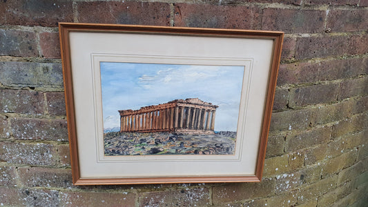 Large Parthenon Temple, Acropolis Athens Greece Original Vintage Watercolour Artwork Framed 52 x 42 cm