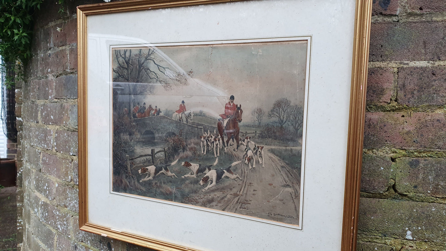 John Sanderson Wells Fox Vintage Fox Hunting Colour Print Gold Gilt Frame 60 x 51.5 cm
