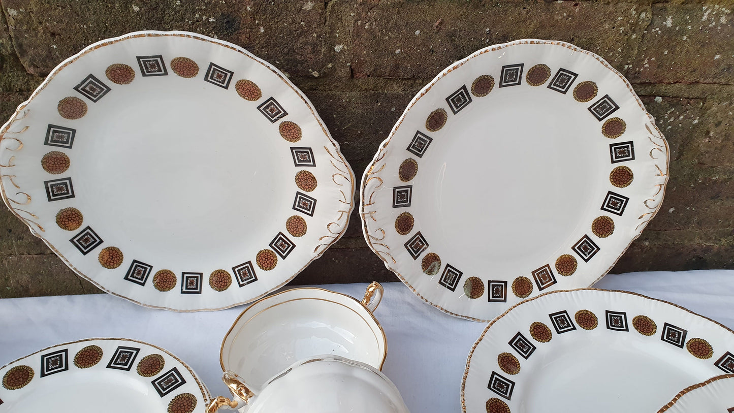 Dinner Tea Service Lubern Bone China 22 Kt Gold Sunflower Retro