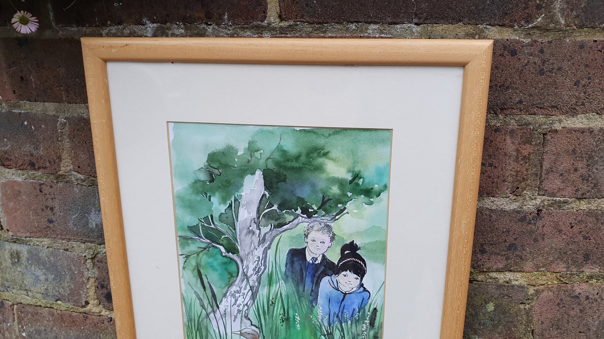 Alma Dowle Children & Ducklings Signed Watercolour Original British Art River Wildlife Countryside Framed