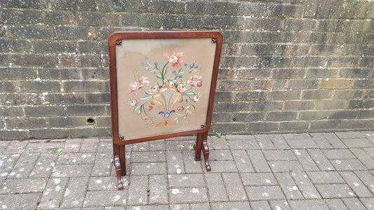 Vintage Victorian Mahogany Fire Screen With Fold Up Foldaway Table Option Embroidery