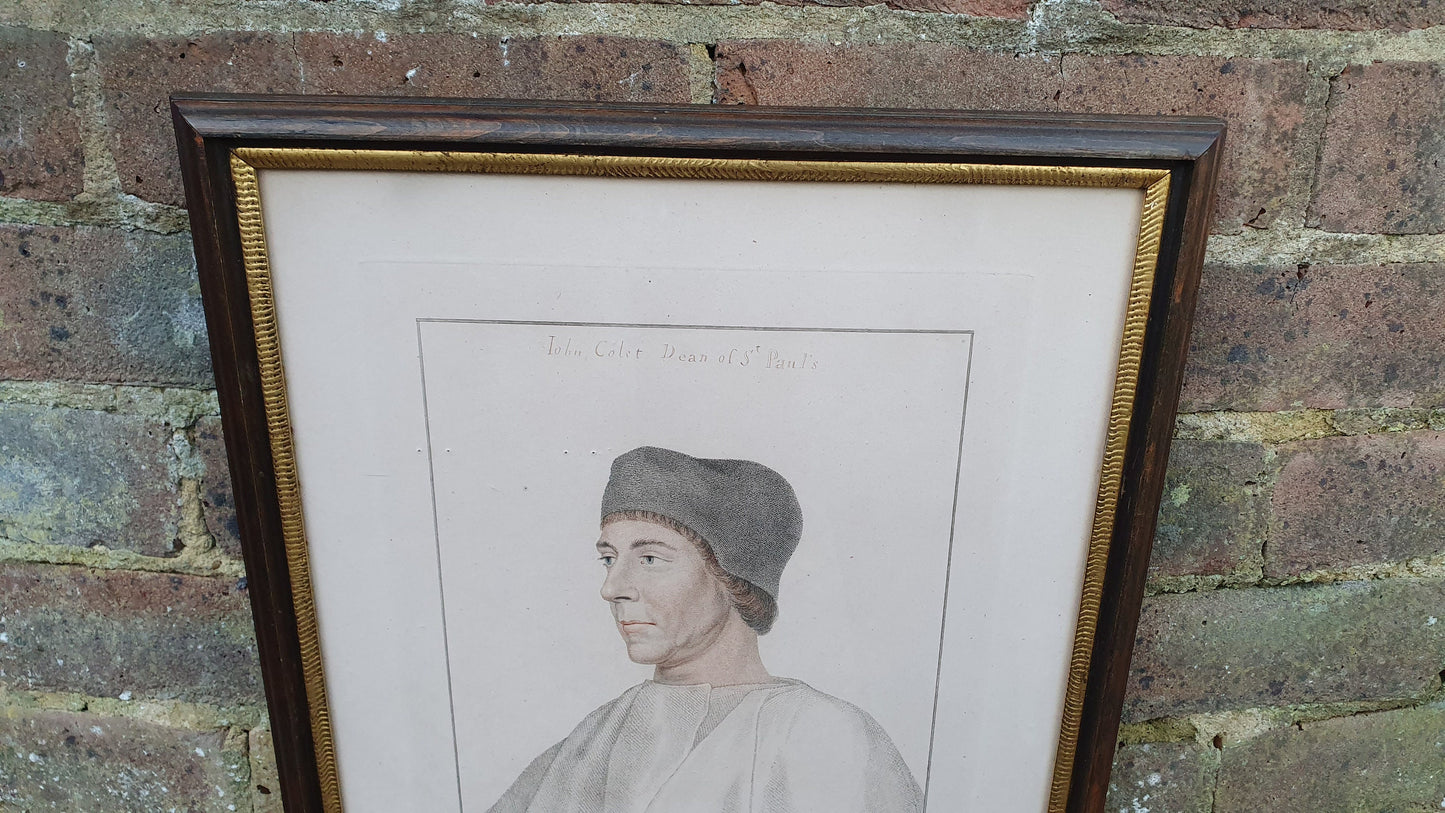 John Colet Dean of St Paul's Cathedral Antique Portrait Coloured Engraving Georgian Print Framed