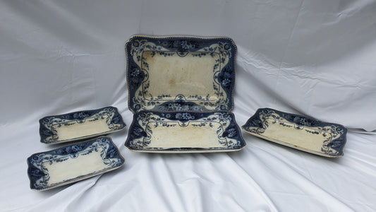 5 Stunning Set Victorian Serving Meat Platers Plates Blue and White F and Sons Argyle Burslem