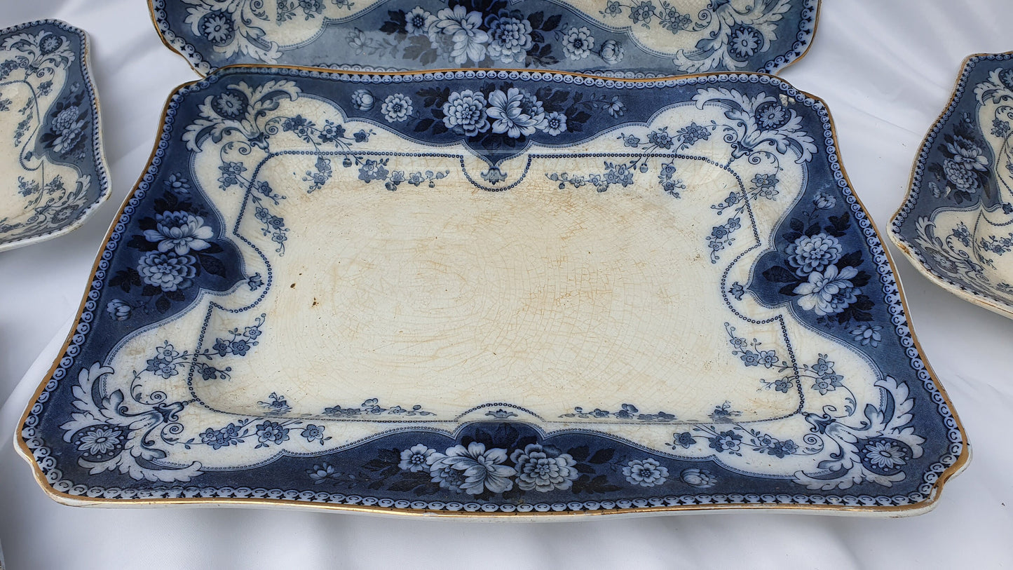 5 Stunning Set Victorian Serving Meat Platers Plates Blue and White F and Sons Argyle Burslem