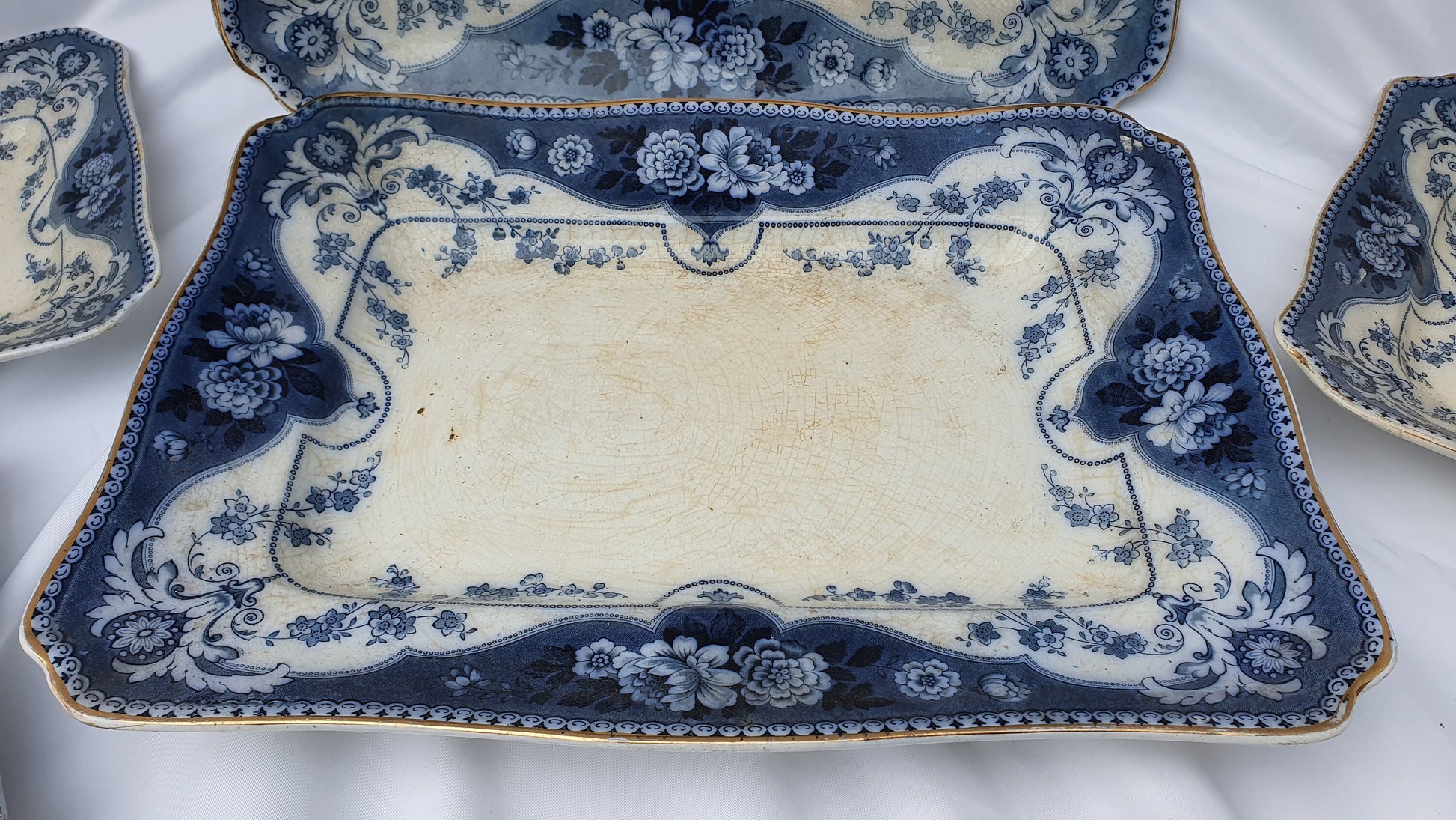 5 Stunning Set Victorian Serving Meat Platers Plates Blue and White F and Sons Argyle Burslem