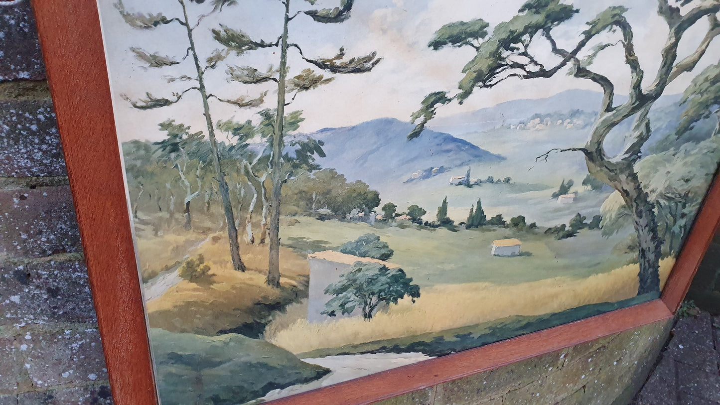 Huge Vintage Summer Valley Landscape Art Print Wood Frame Glazed 72 x 55.5 cm