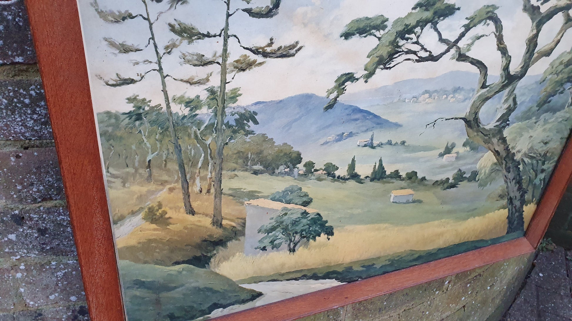 Huge Vintage Summer Valley Landscape Art Print Wood Frame Glazed 72 x 55.5 cm