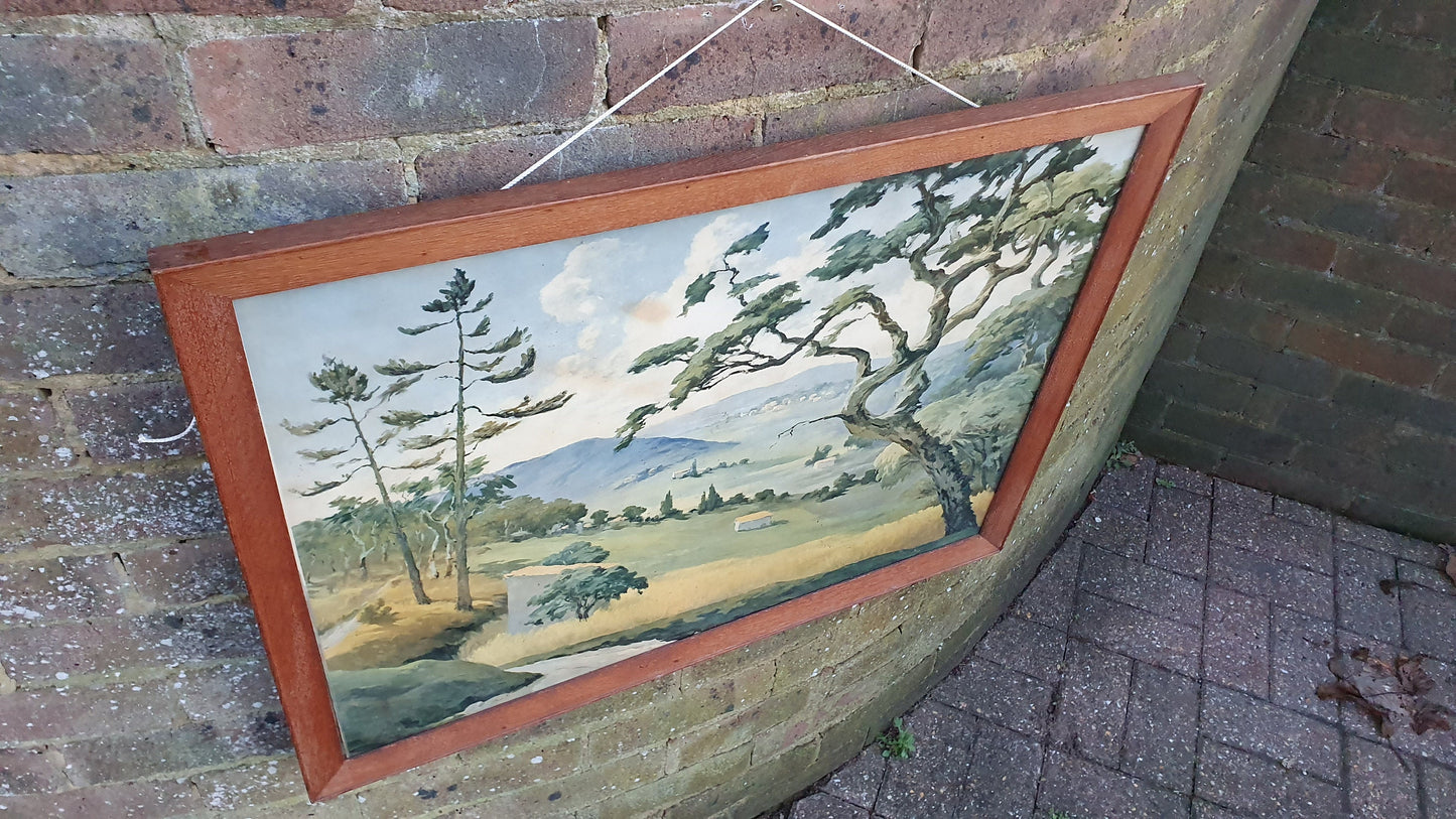 Huge Vintage Summer Valley Landscape Art Print Wood Frame Glazed 72 x 55.5 cm