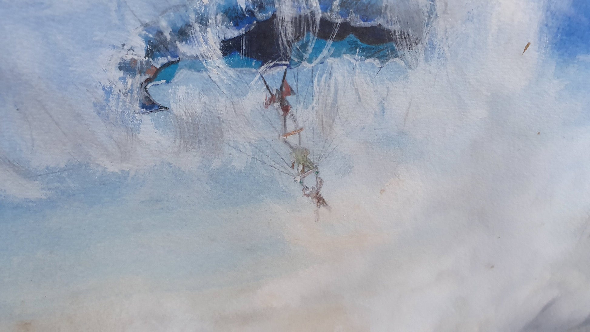 Huge Parachutes Original Signed Vintage Watercolour Modern Art Summer Blue Skies Clouds Gilt Framed 76 x 67 cm