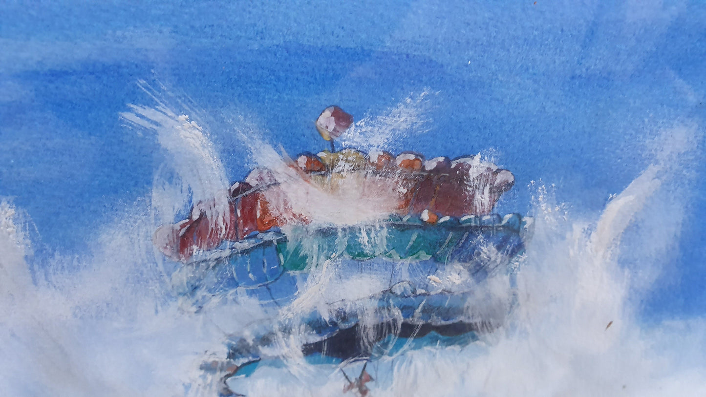 Huge Parachutes Original Signed Vintage Watercolour Modern Art Summer Blue Skies Clouds Gilt Framed 76 x 67 cm