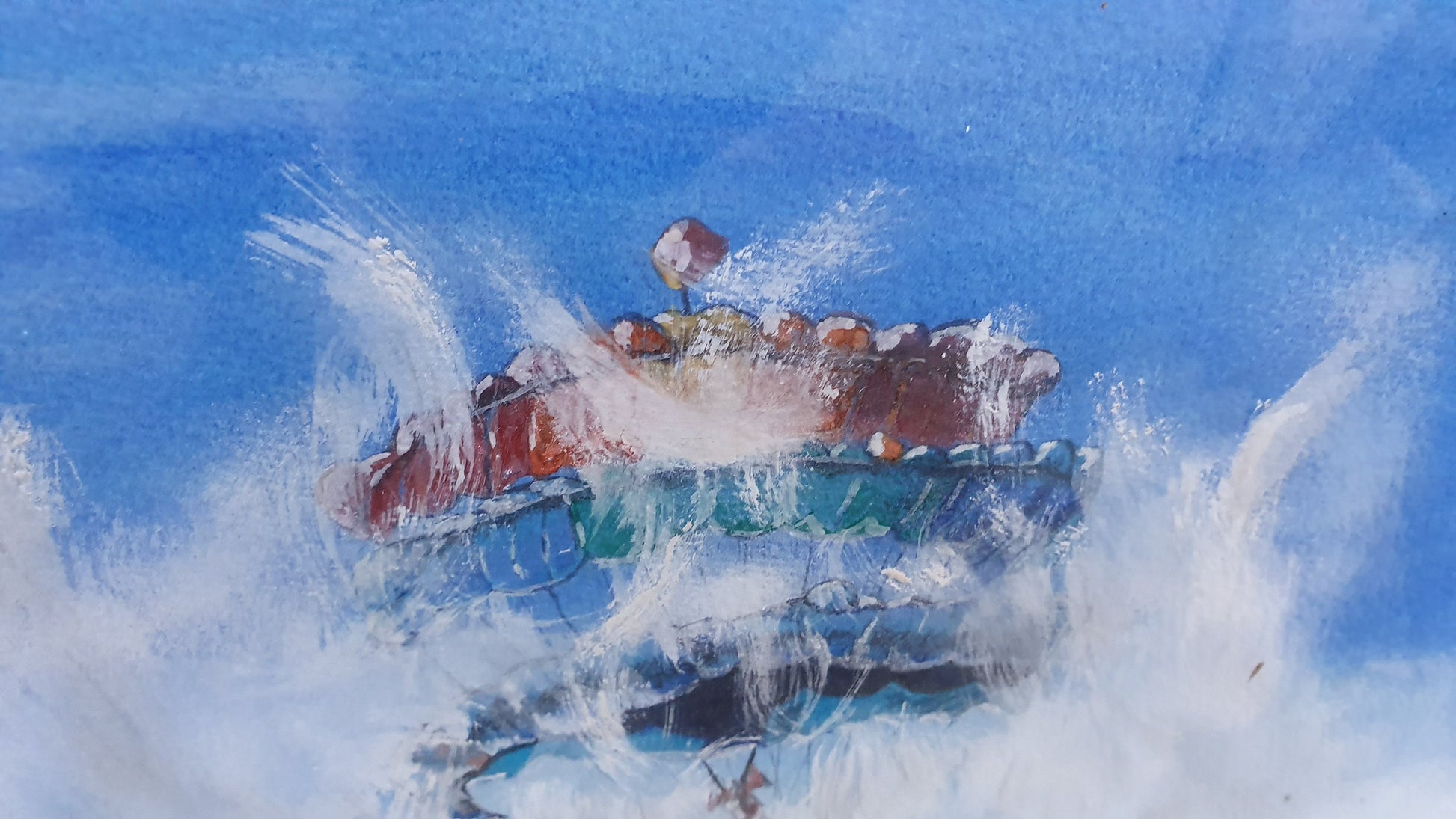 Huge Parachutes Original Signed Vintage Watercolour Modern Art Summer Blue Skies Clouds Gilt Framed 76 x 67 cm