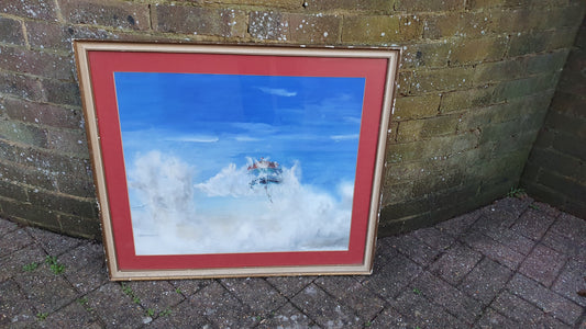 Huge Parachutes Original Signed Vintage Watercolour Modern Art Summer Blue Skies Clouds Gilt Framed 76 x 67 cm