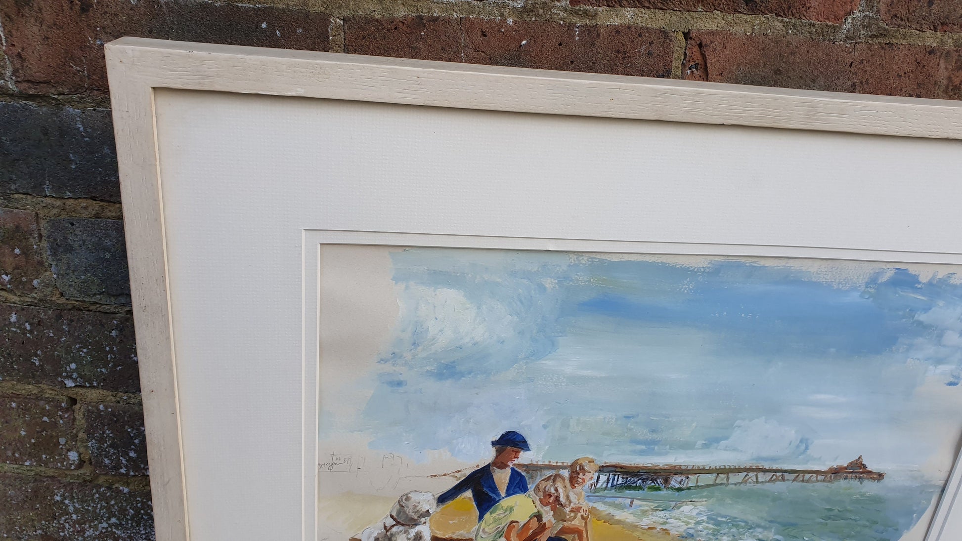 Large Family on English Beach with Pier Original Vintage Artwork Signed Summer Seaside Framed Deep White Frame 70.5 x 54.5 x 3.5 cm