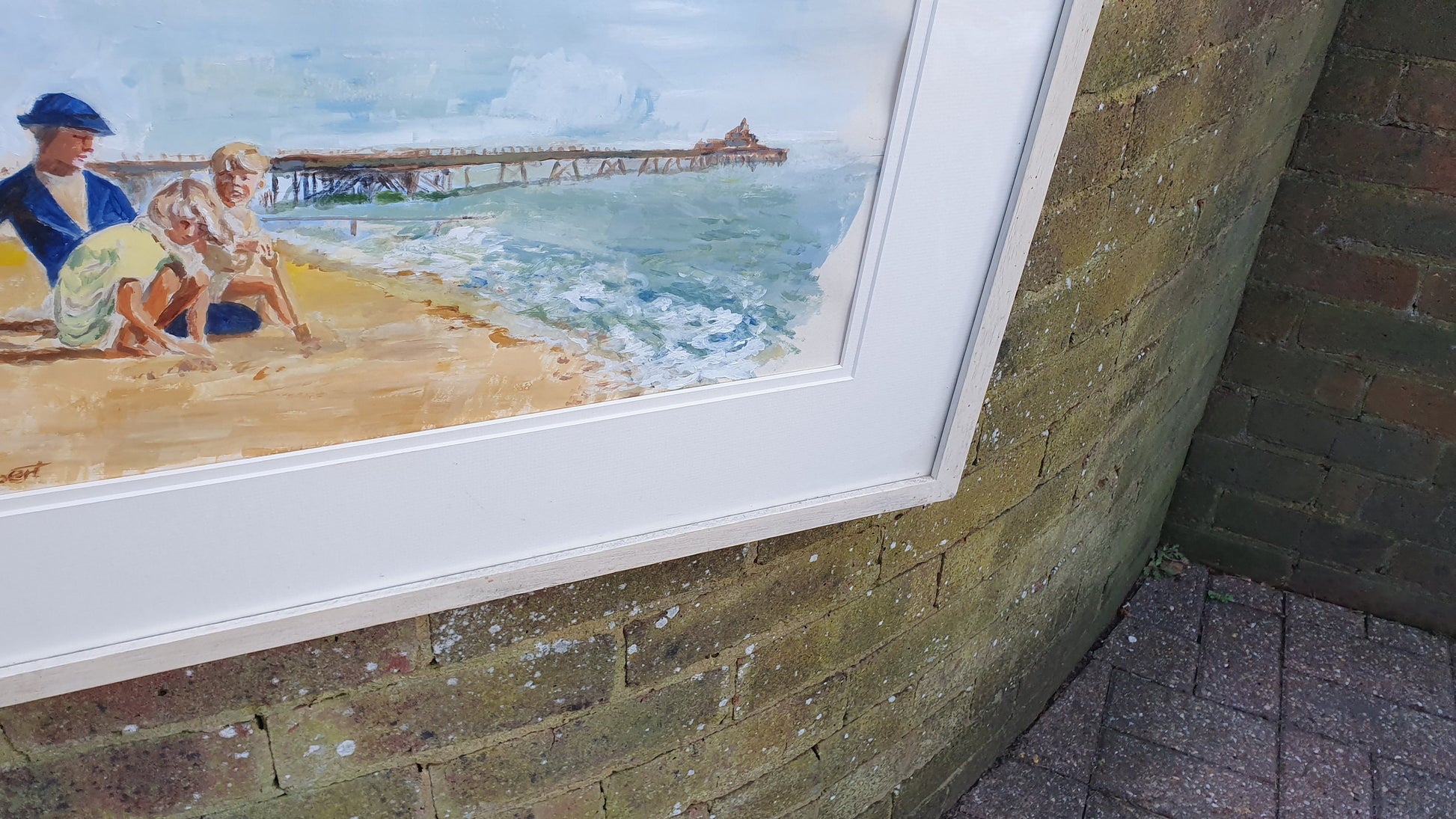 Large Family on English Beach with Pier Original Vintage Artwork Signed Summer Seaside Framed Deep White Frame 70.5 x 54.5 x 3.5 cm