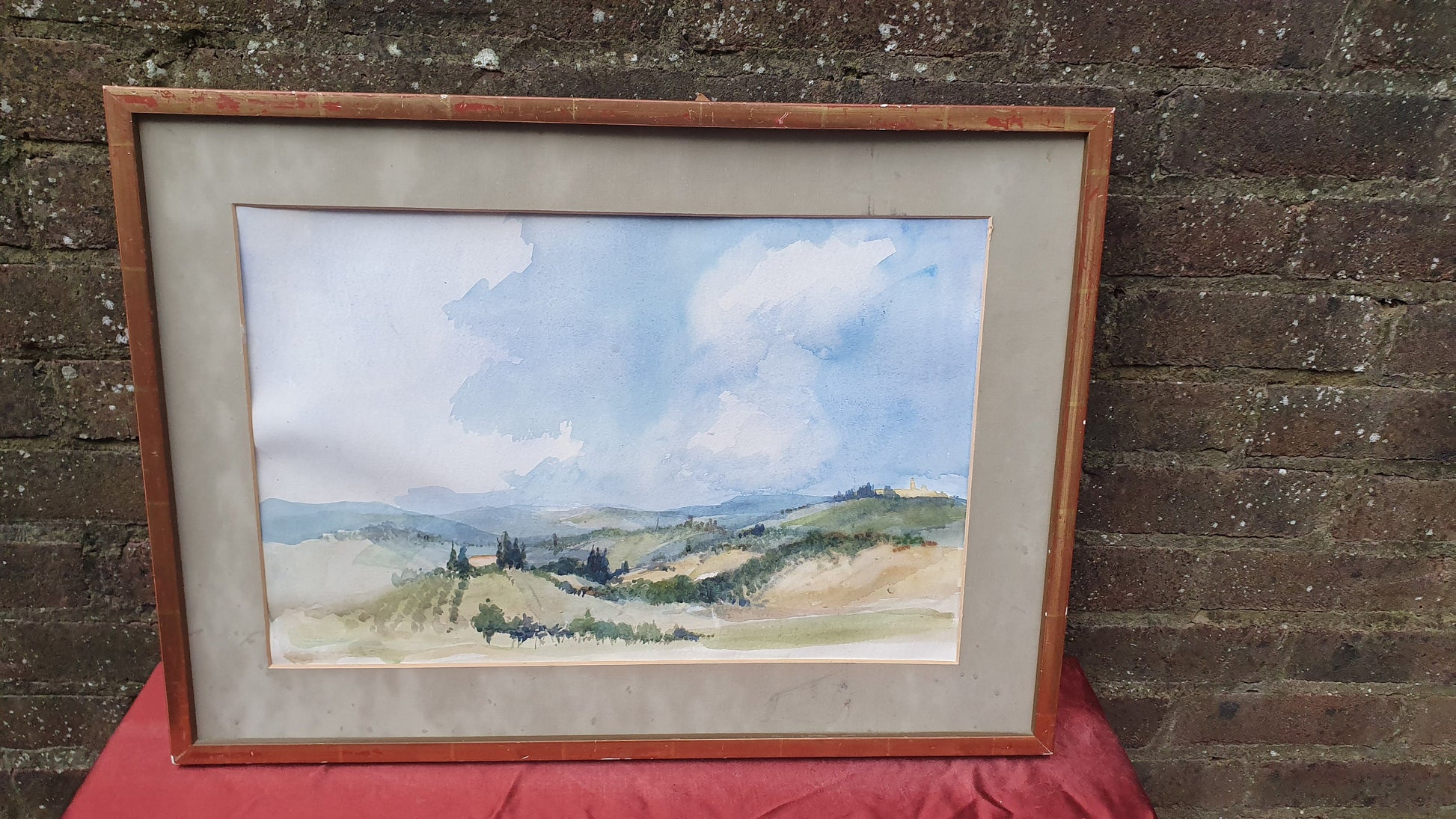 Large Original 'Tuscany' Vintage 1970s Italian Country Landscape Watercolour Italy Original Artwork Painting Gilt Frame