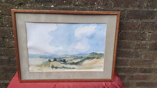 Large Original 'Tuscany' Vintage 1970s Italian Country Landscape Watercolour Italy Original Artwork Painting Gilt Frame