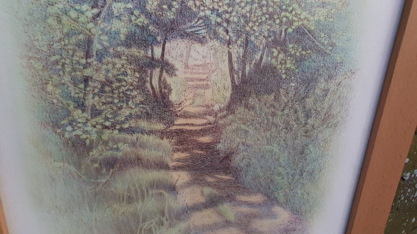Large Impressionist Modern Artwork Print Country Path Thick Wood Frame 69.5 x 52.5 cm