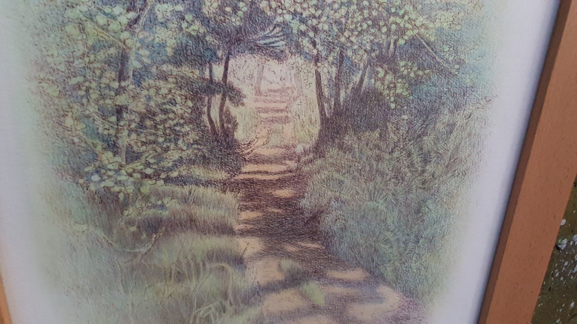 Large Impressionist Modern Artwork Print Country Path Thick Wood Frame 69.5 x 52.5 cm
