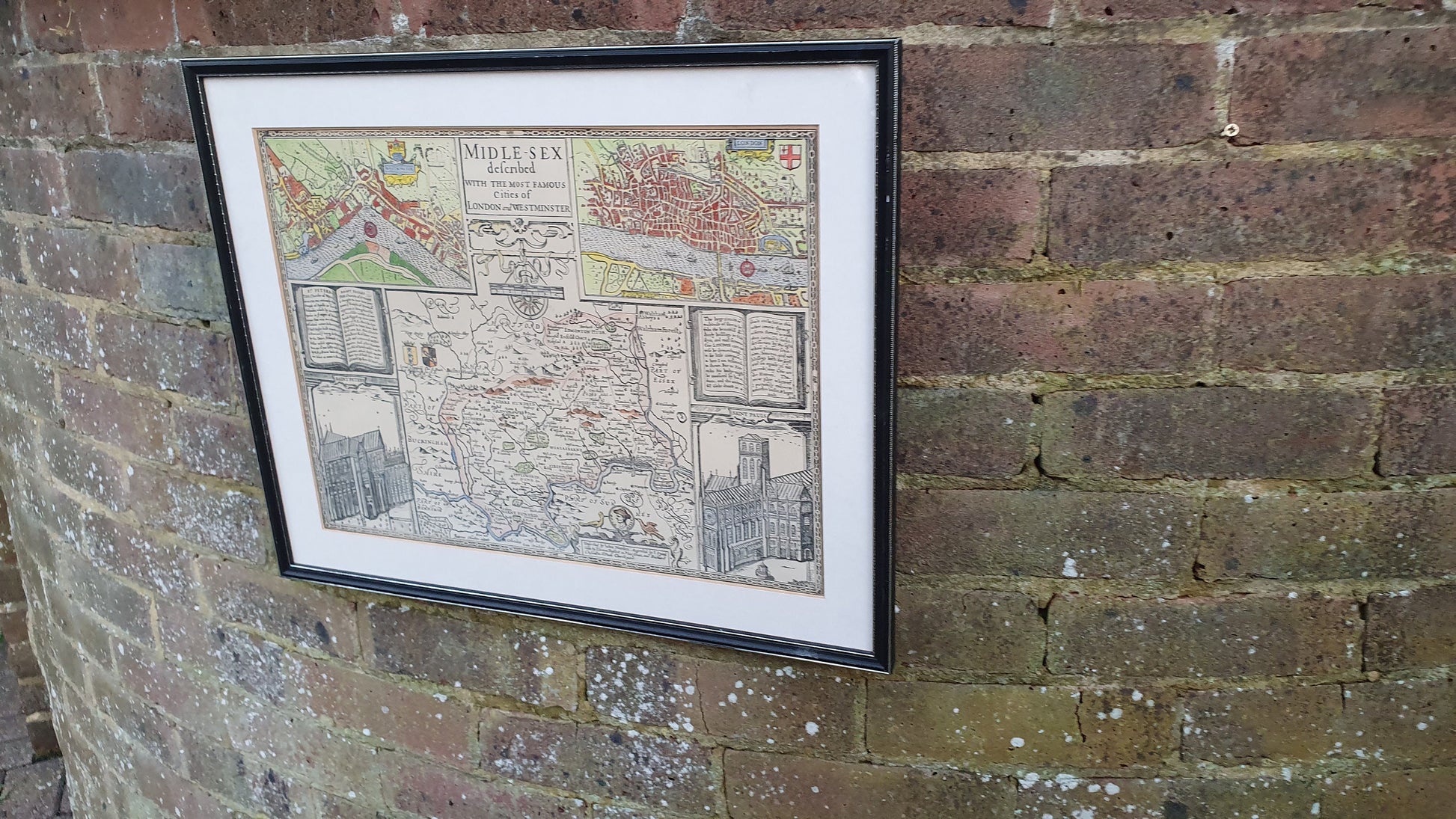 Large Vintage Historical Map Middlesex Colour Print London John Speed Norden Engraving 17th Century Framed 52 x 42 cm