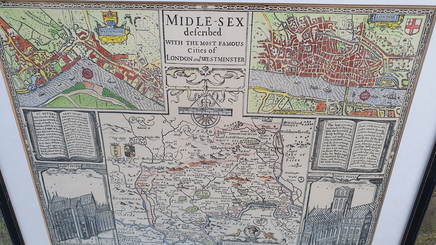 Large Vintage Historical Map Middlesex Colour Print London John Speed Norden Engraving 17th Century Framed 52 x 42 cm