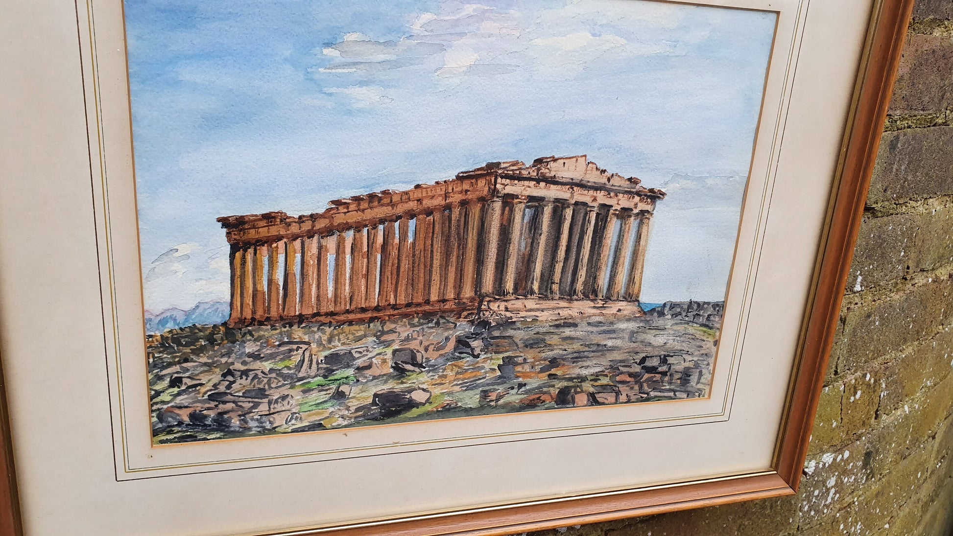 Large Parthenon Temple, Acropolis Athens Greece Original Vintage Watercolour Artwork Framed 52 x 42 cm
