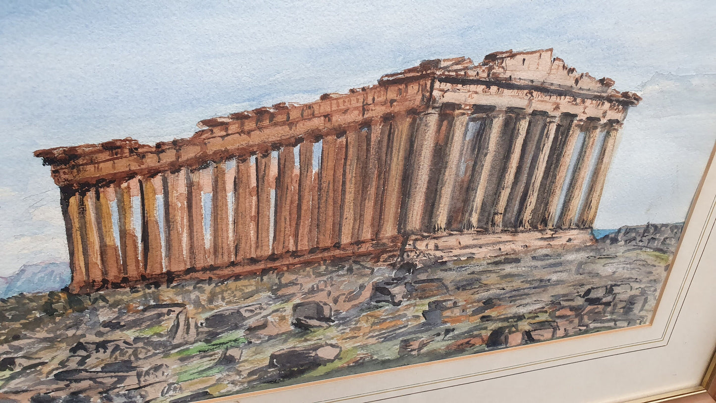 Large Parthenon Temple, Acropolis Athens Greece Original Vintage Watercolour Artwork Framed 52 x 42 cm