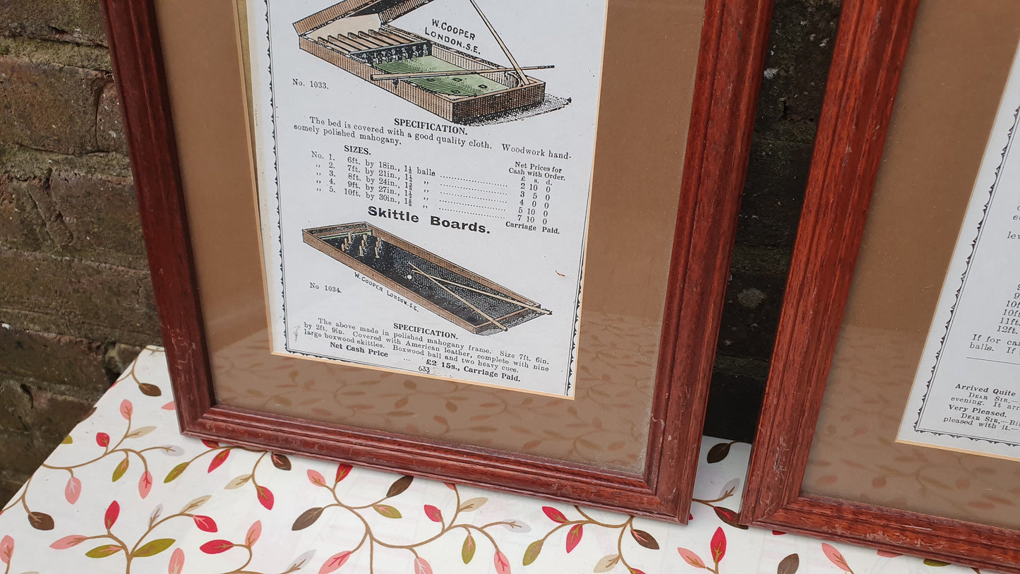 Pair of Hand-Coloured Bagatelle & Skittle Advertisement Prints Old Fashioned Advertising Matching Frames Mounts