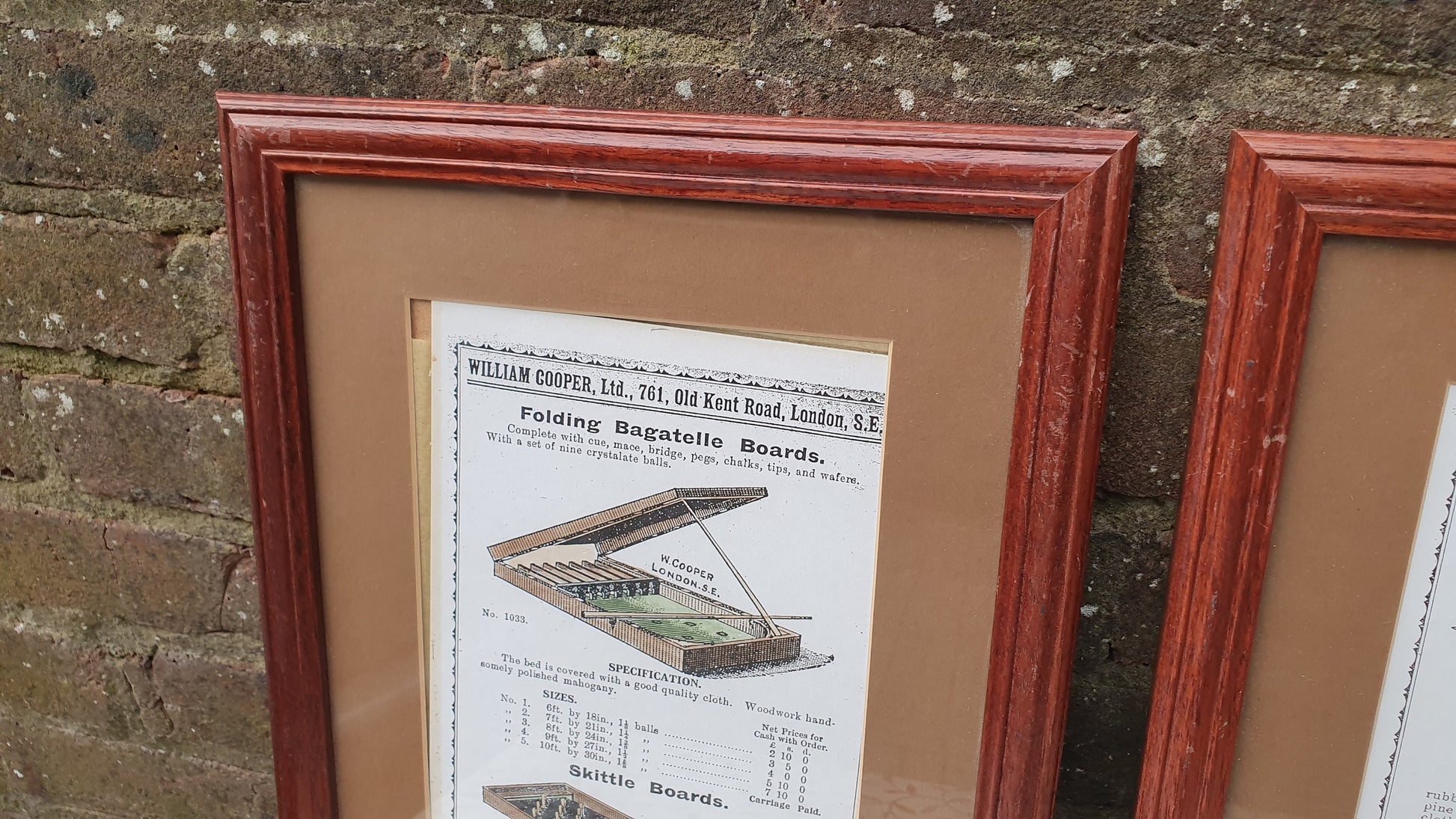 Pair of Hand-Coloured Bagatelle & Skittle Advertisement Prints Old Fashioned Advertising Matching Frames Mounts