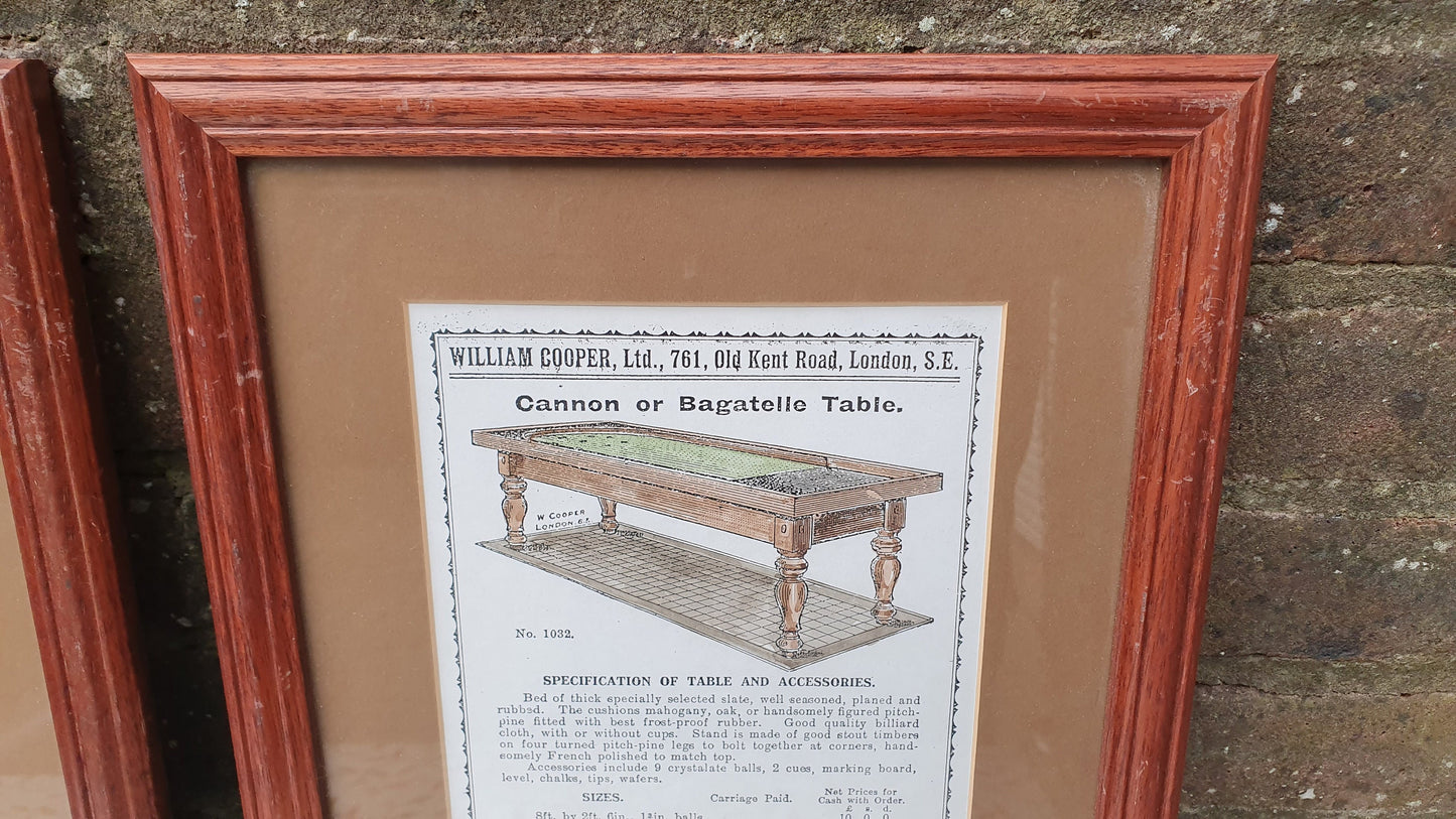 Pair of Hand-Coloured Bagatelle & Skittle Advertisement Prints Old Fashioned Advertising Matching Frames Mounts