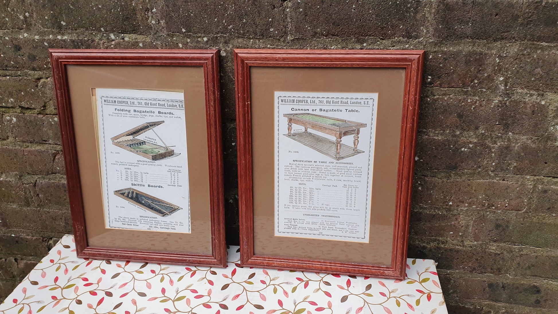 Pair of Hand-Coloured Bagatelle & Skittle Advertisement Prints Old Fashioned Advertising Matching Frames Mounts