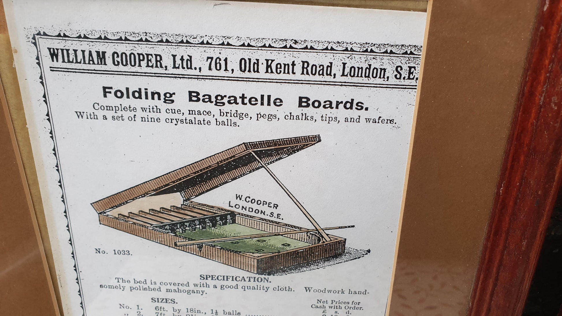 Pair of Hand-Coloured Bagatelle & Skittle Advertisement Prints Old Fashioned Advertising Matching Frames Mounts