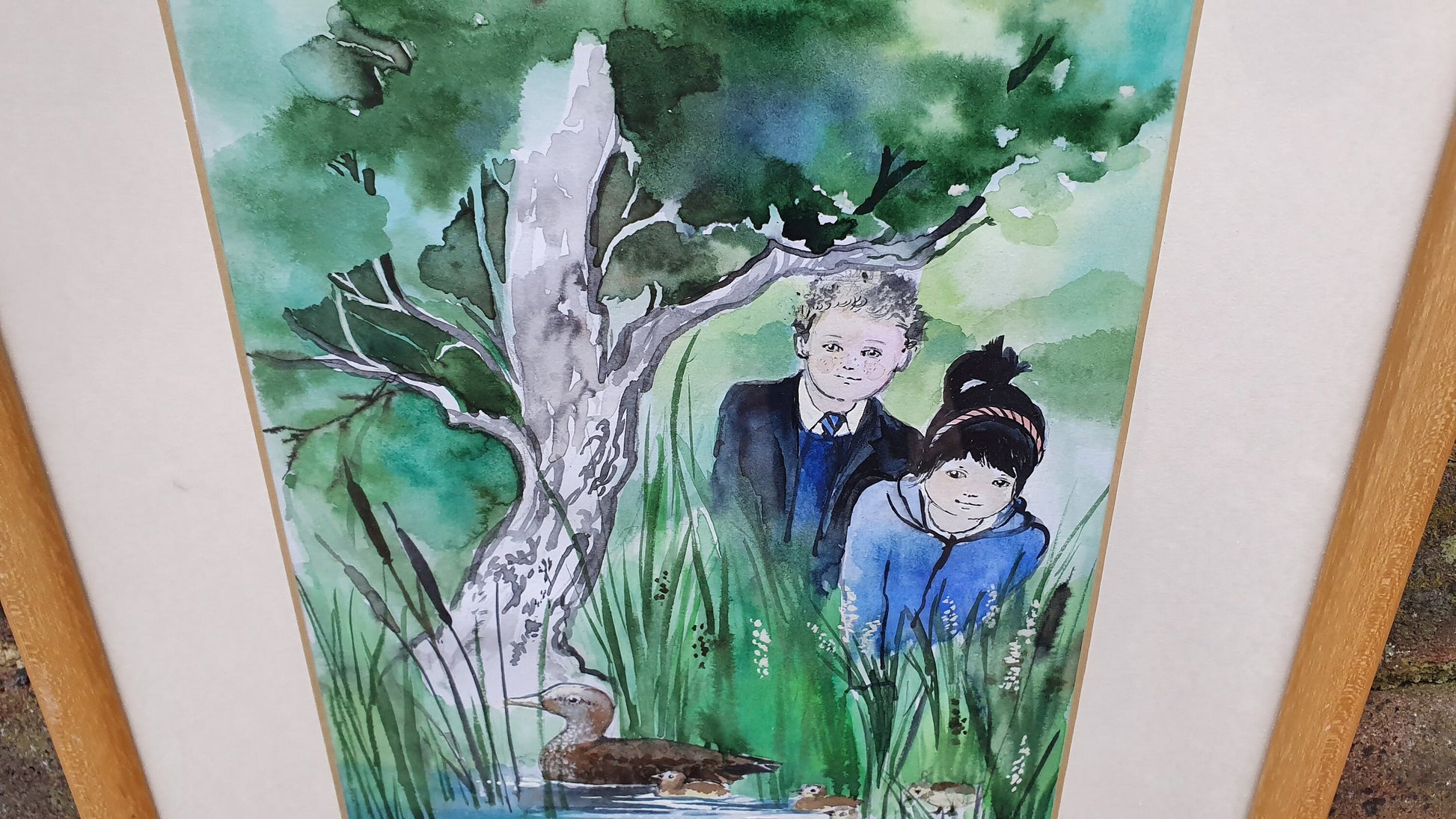 Alma Dowle Children & Ducklings Signed Watercolour Original British Art River Wildlife Countryside Framed