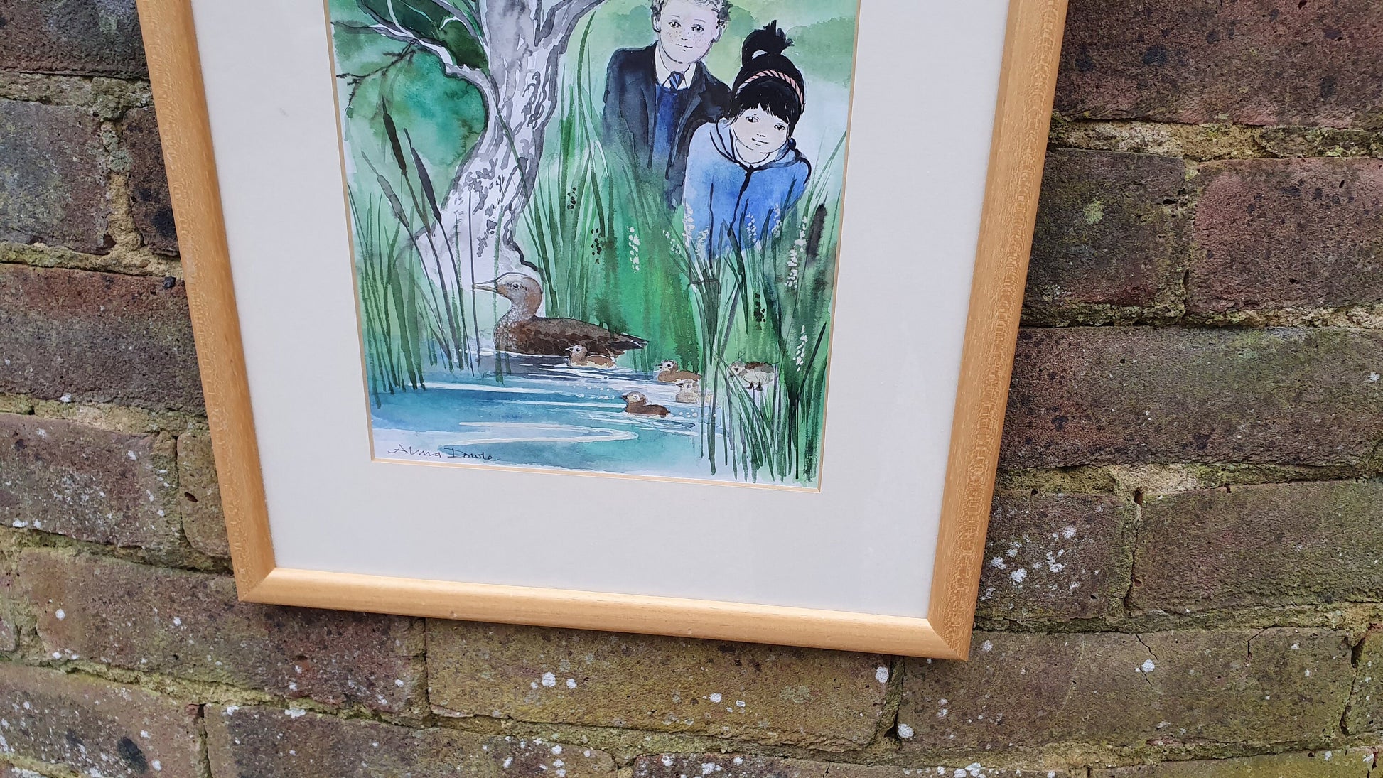 Alma Dowle Children & Ducklings Signed Watercolour Original British Art River Wildlife Countryside Framed