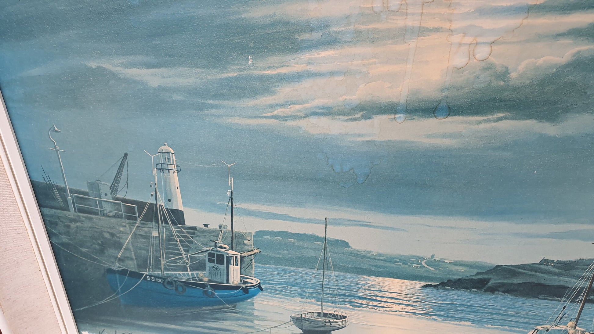 Huge Harbour in Moonlight Keith English Colour Art Print British Painting Cornwall Vintage Large Retro Deep Frame 87 x 62 x 6