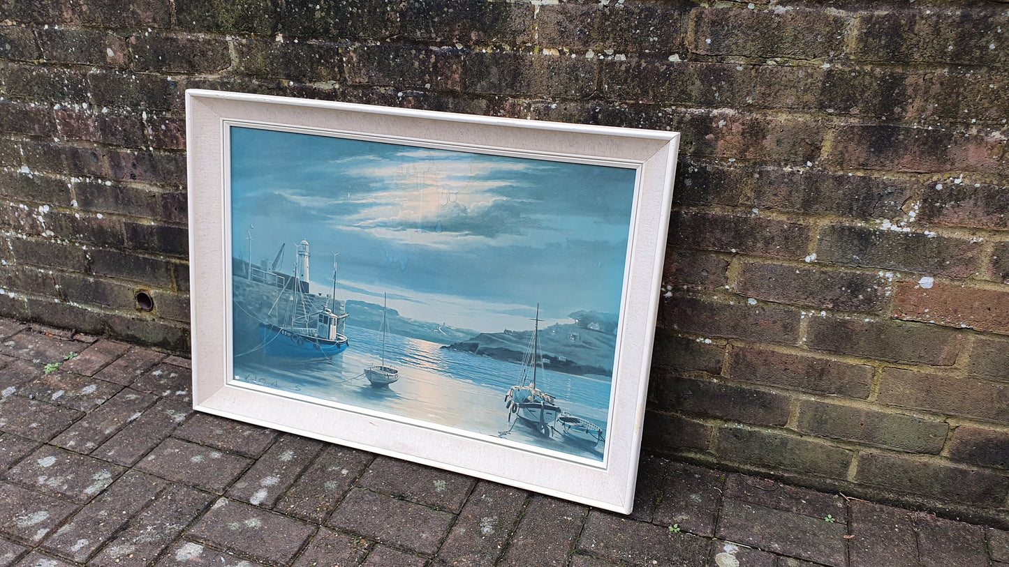 Huge Harbour in Moonlight Keith English Colour Art Print British Painting Cornwall Vintage Large Retro Deep Frame 87 x 62 x 6