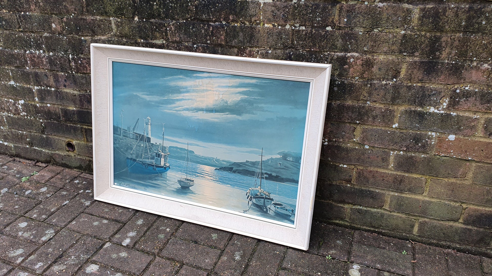 Huge Harbour in Moonlight Keith English Colour Art Print British Painting Cornwall Vintage Large Retro Deep Frame 87 x 62 x 6