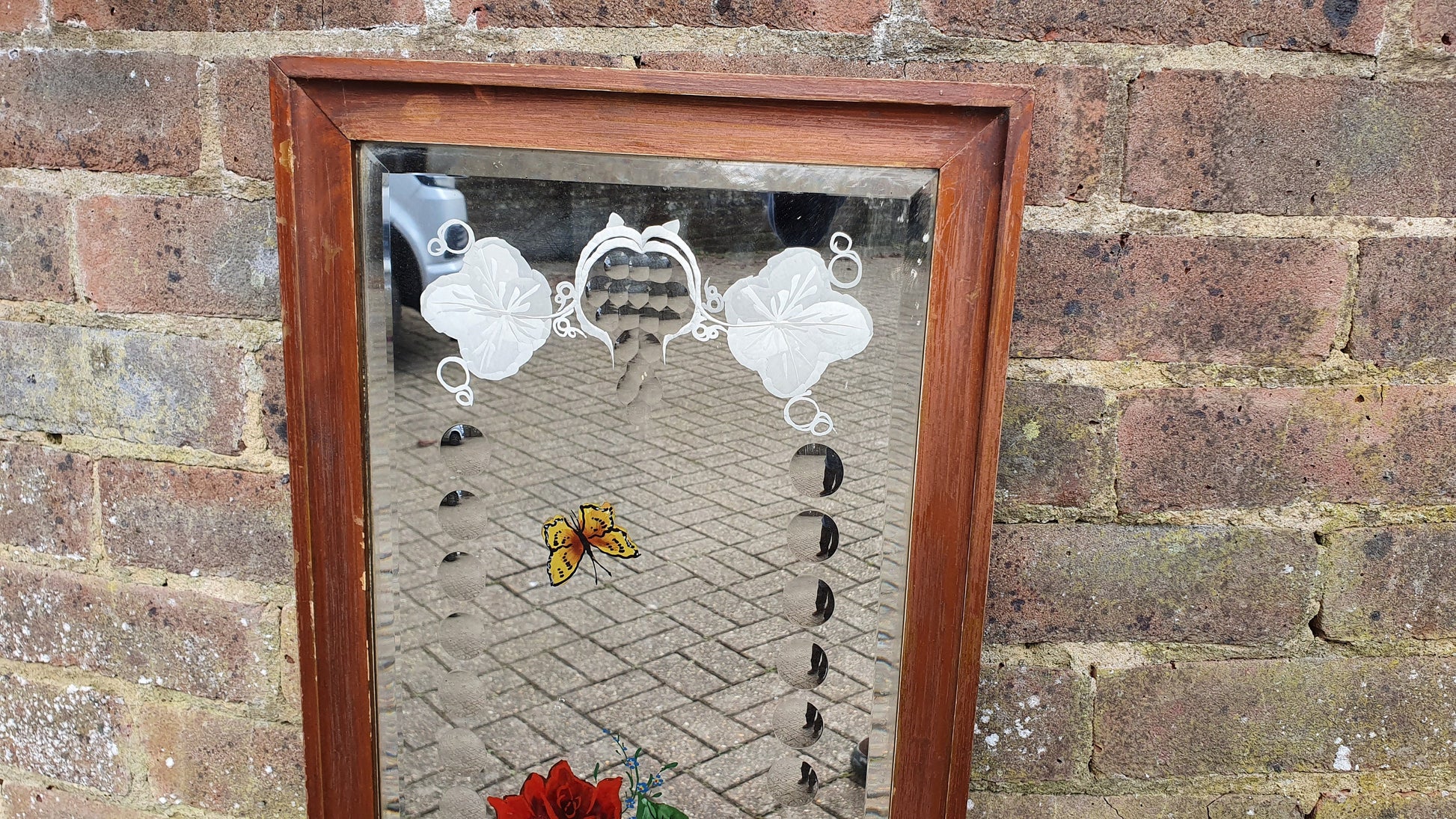 Vintage Flower Floral Motif Mirror Decoration Bevelled Glass 64 x 35 cm