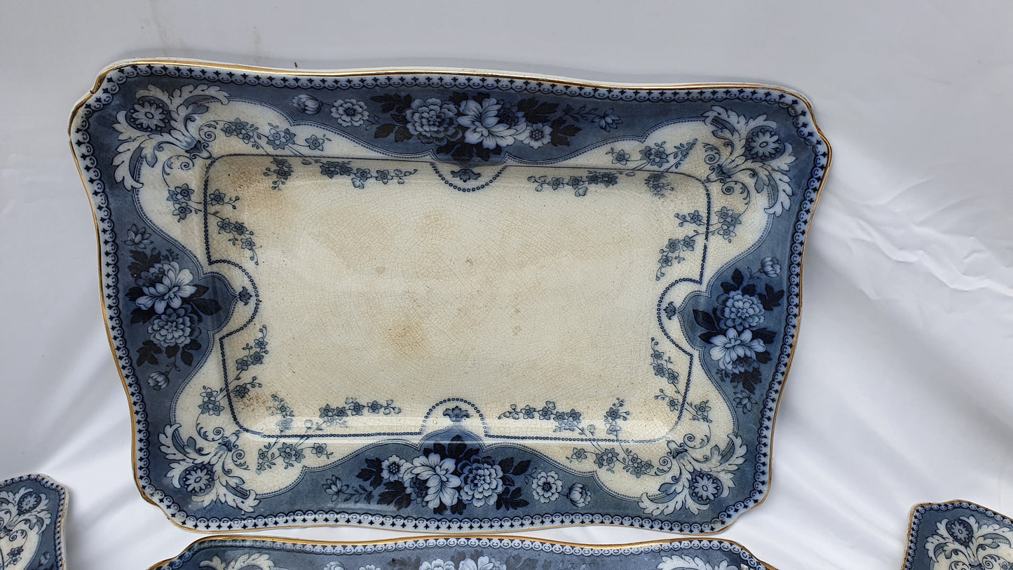 5 Stunning Set Victorian Serving Meat Platers Plates Blue and White F and Sons Argyle Burslem