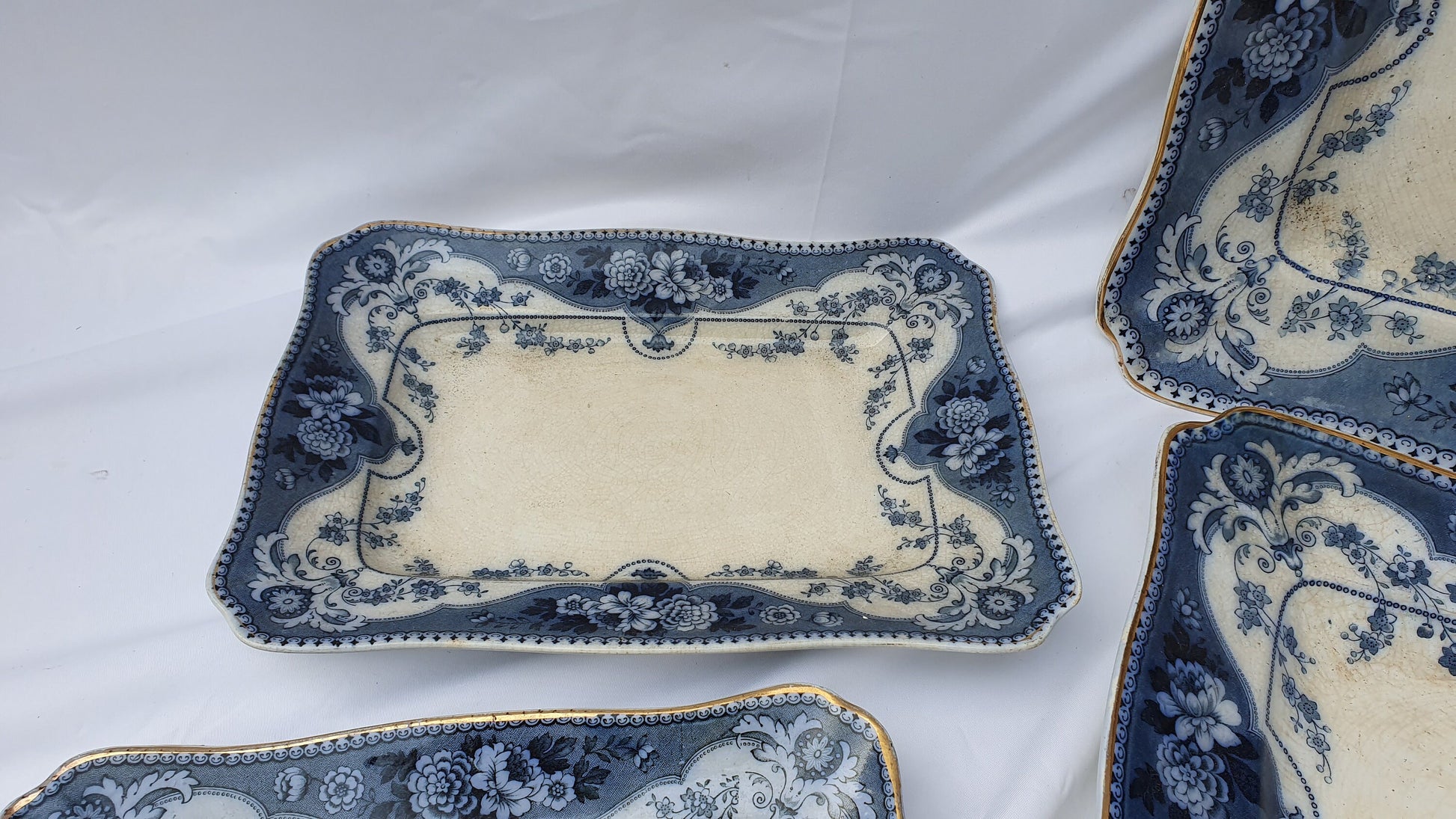 5 Stunning Set Victorian Serving Meat Platers Plates Blue and White F and Sons Argyle Burslem