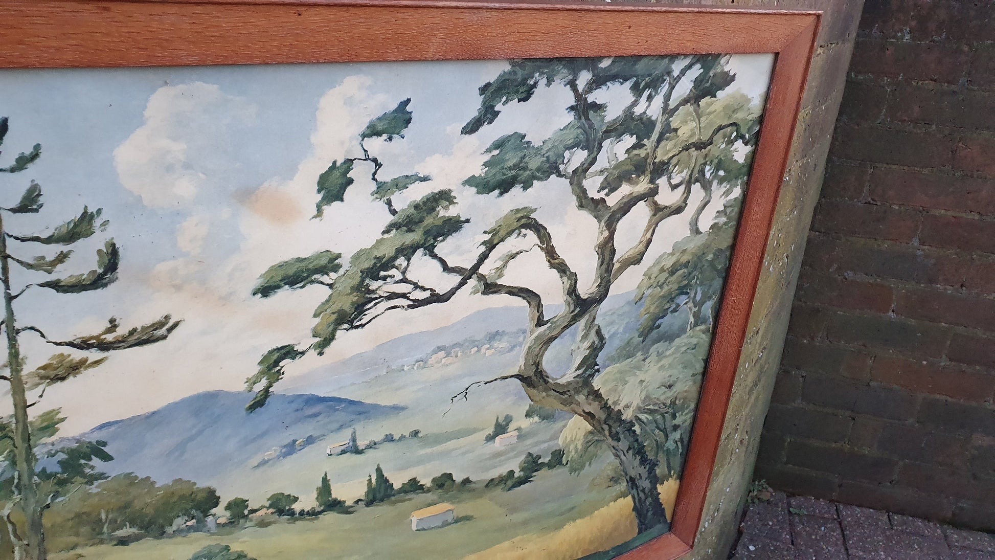 Huge Vintage Summer Valley Landscape Art Print Wood Frame Glazed 72 x 55.5 cm