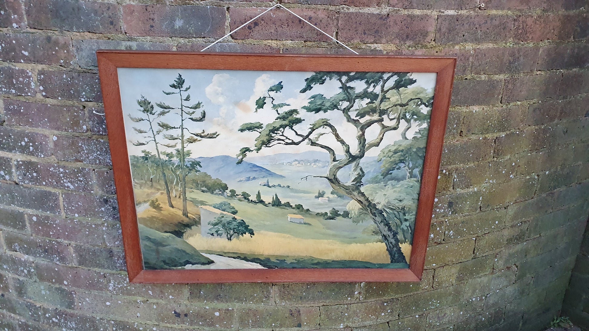 Huge Vintage Summer Valley Landscape Art Print Wood Frame Glazed 72 x 55.5 cm