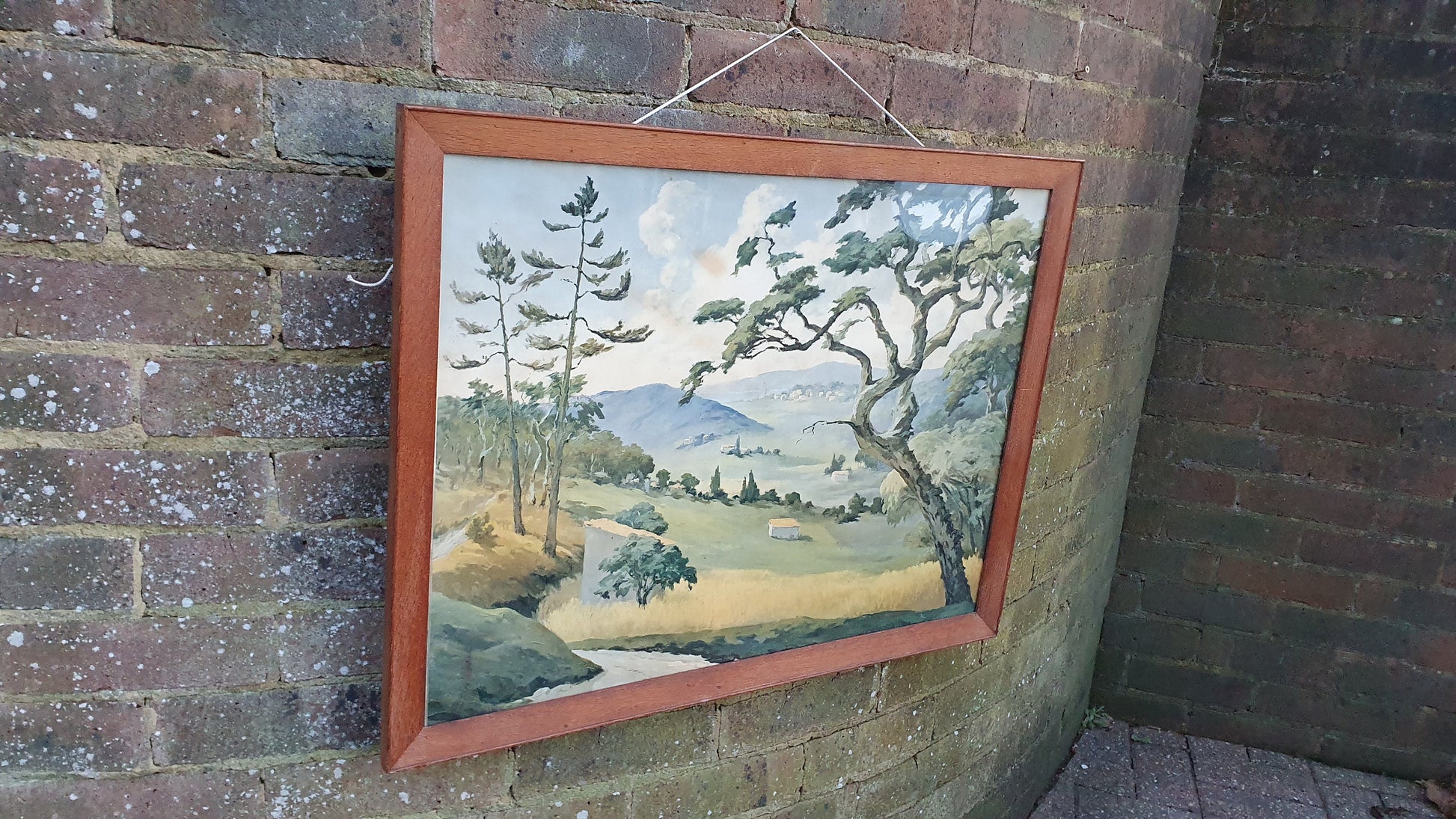 Huge Vintage Summer Valley Landscape Art Print Wood Frame Glazed 72 x 55.5 cm