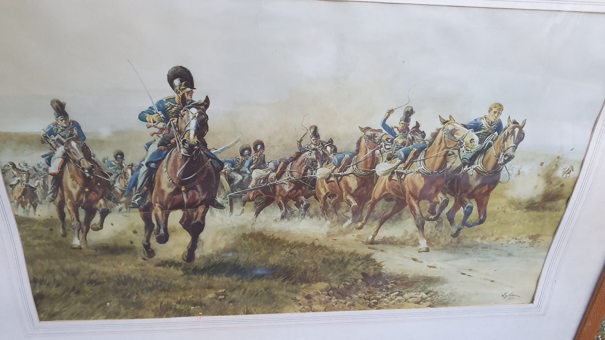 Huge W. B. Wollen Peninsula War Colour Art Print British Painting Napoleonic Battle Cavalry Guns Framed 73 x 55 cm
