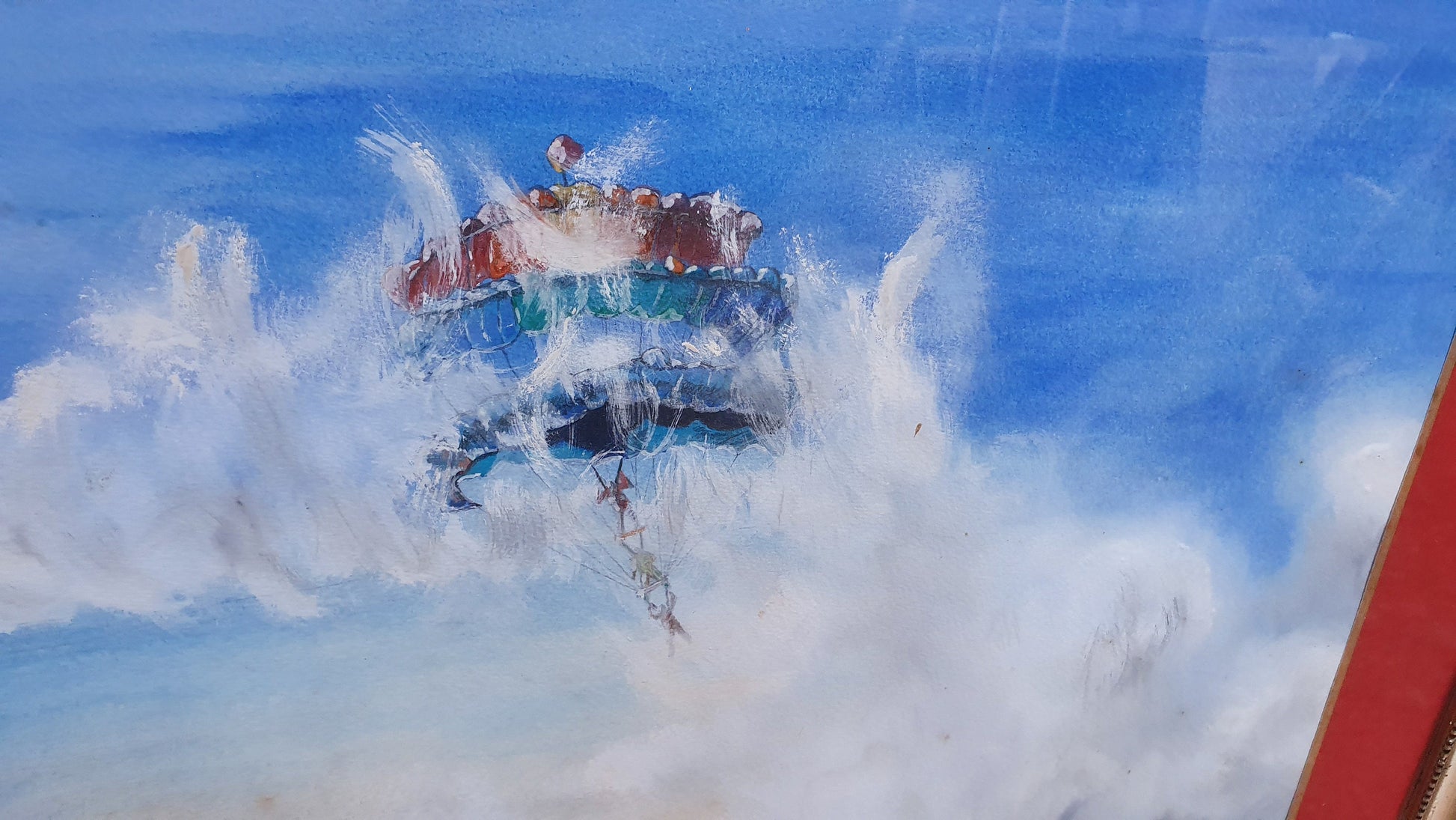 Huge Parachutes Original Signed Vintage Watercolour Modern Art Summer Blue Skies Clouds Gilt Framed 76 x 67 cm