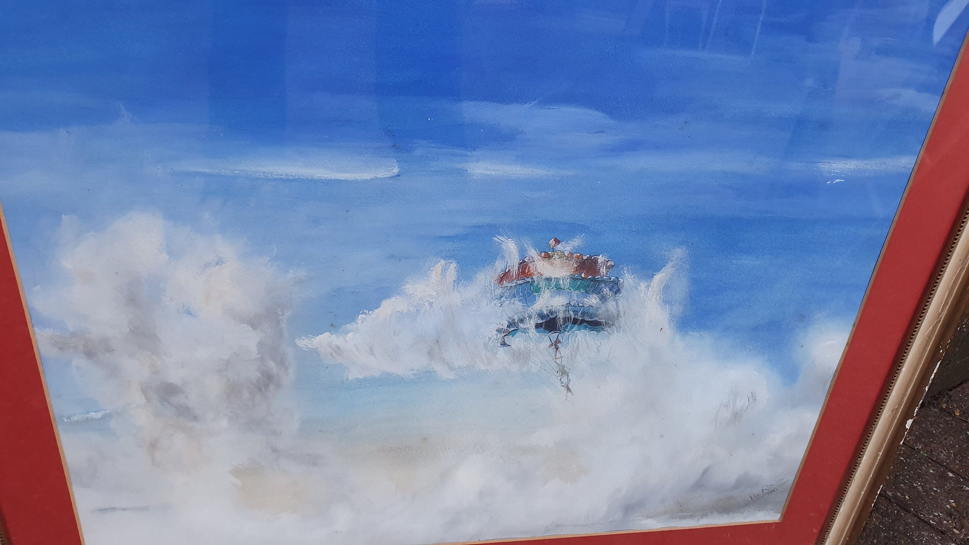 Huge Parachutes Original Signed Vintage Watercolour Modern Art Summer Blue Skies Clouds Gilt Framed 76 x 67 cm